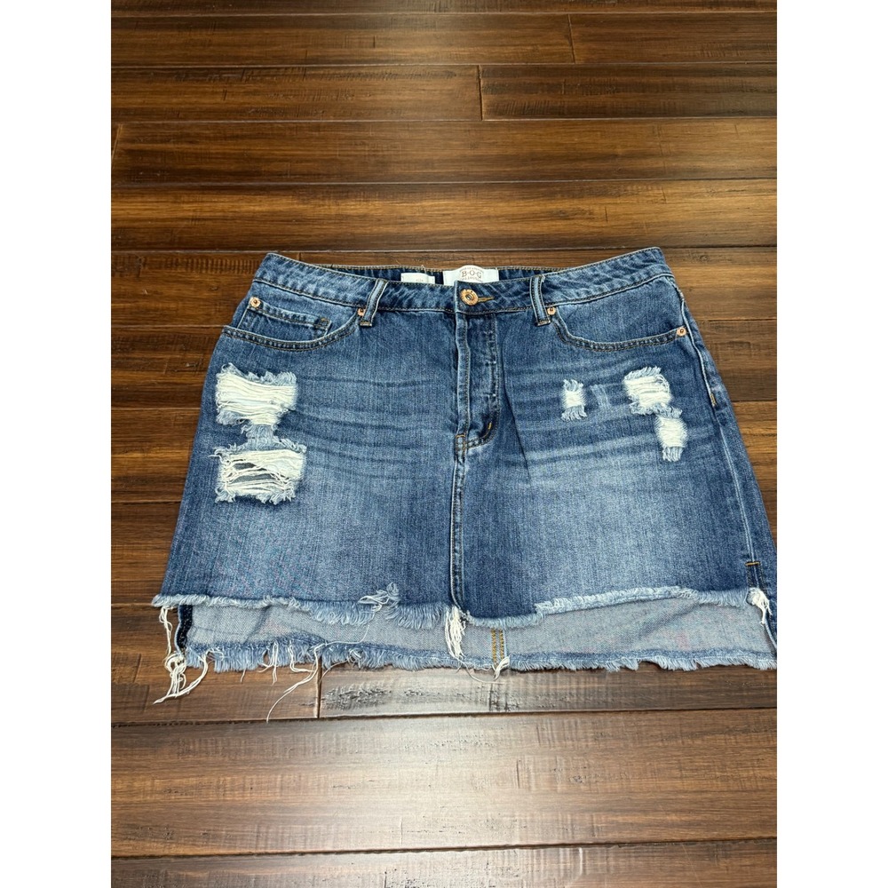 B.O.G Collective Distressed Denim Mini Skirt Raw Hem Medium Wash Blue Size 30
